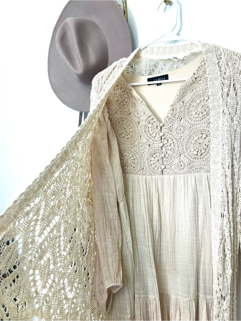 Crochet knit long cardigan sweater M